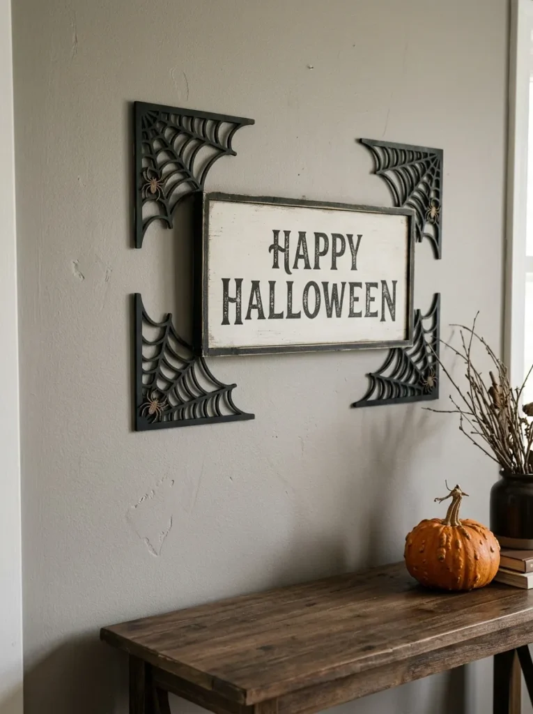 Spooky Spider Web Cutout Corner Brackets - halloween signs (Laser-cut black wood spider web corner sign brackets framing interior doorways with Victorian flair)