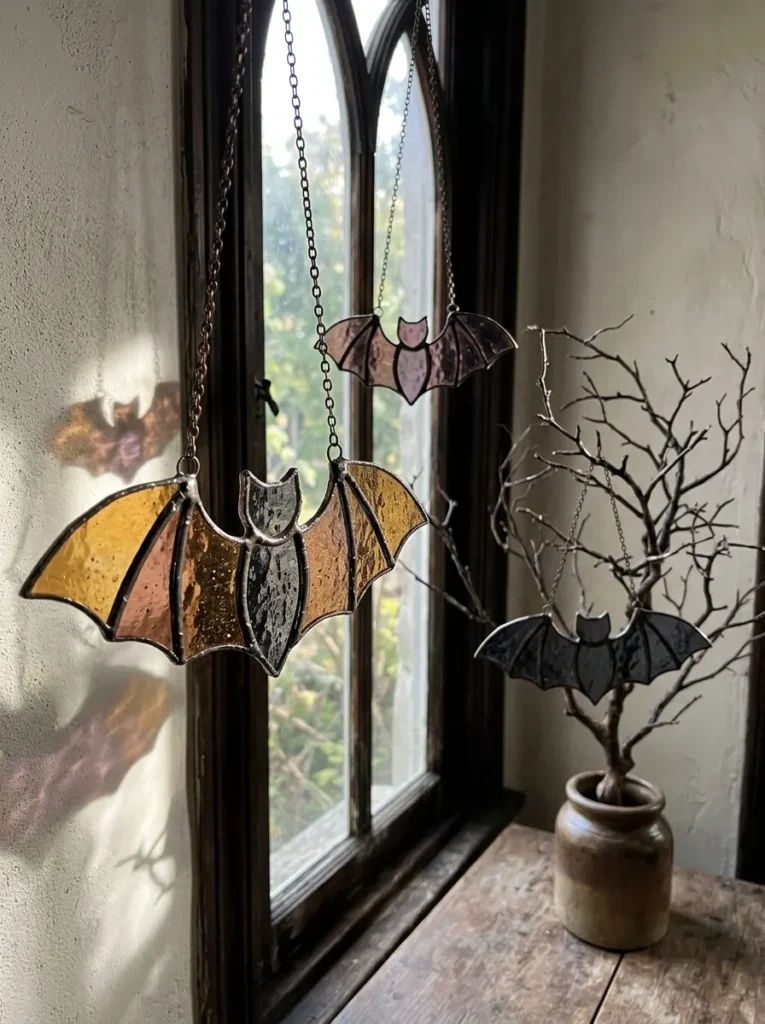 Stained Glass Hanging Bat Sun-Catchers - halloween ornament (Soldered stained glass bat ornaments featuring iridescent purple, textured amber, and black art glass)