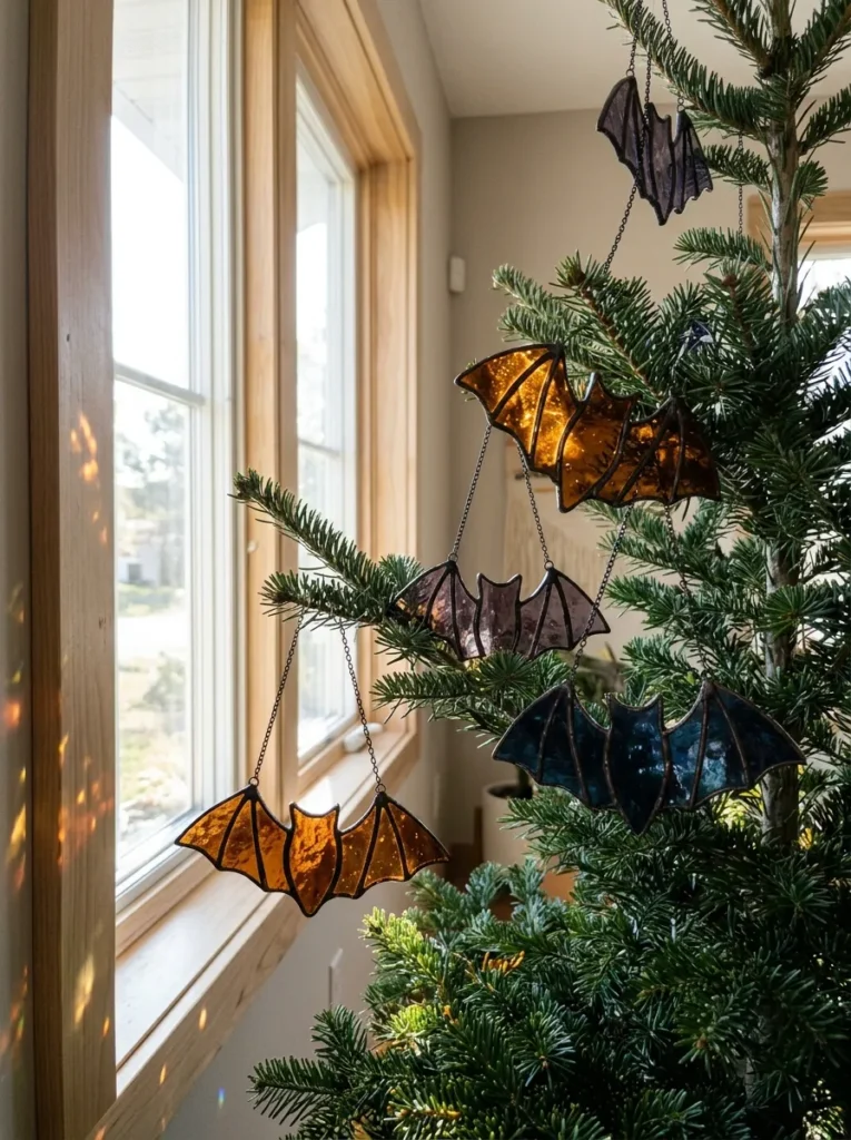 Stained Glass Hanging Bat Suncatchers - halloween ornaments for tree (Soldered stained glass bat ornaments casting vibrant purple and amber daylight reflections)