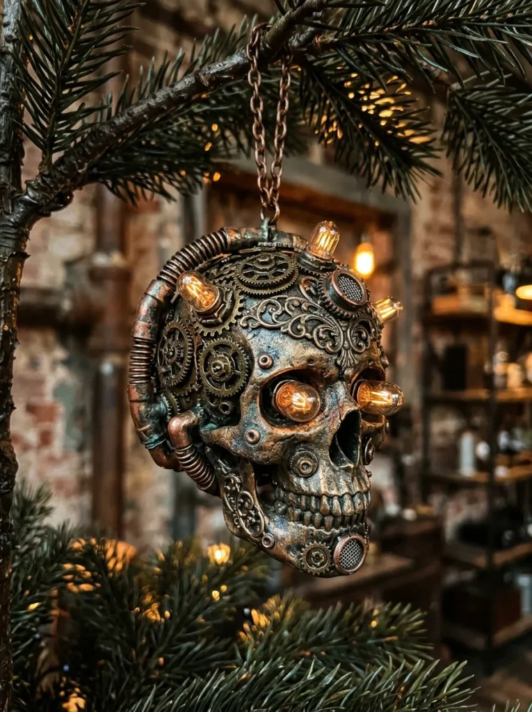 Steampunk Clockwork Gear Skulls - halloween ornaments for tree (Metallic resin skull baubles embellished with antique brass clockwork gears and springs)
