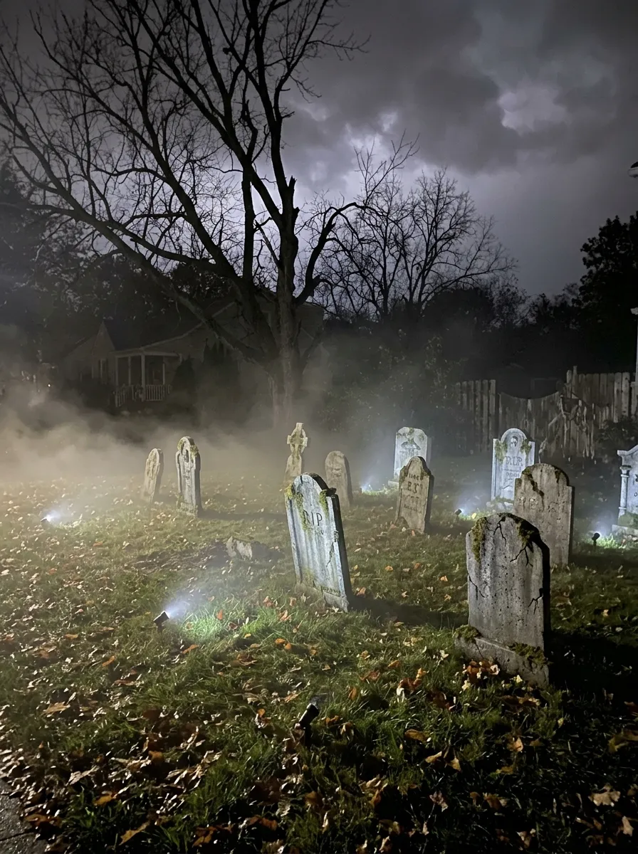 Synchronized Lightning Strobe & Thunder Controller - graveyard halloween decorations (Outdoor white LED strobe lights synchronized with audio-reactive thunder controller in bushes)
