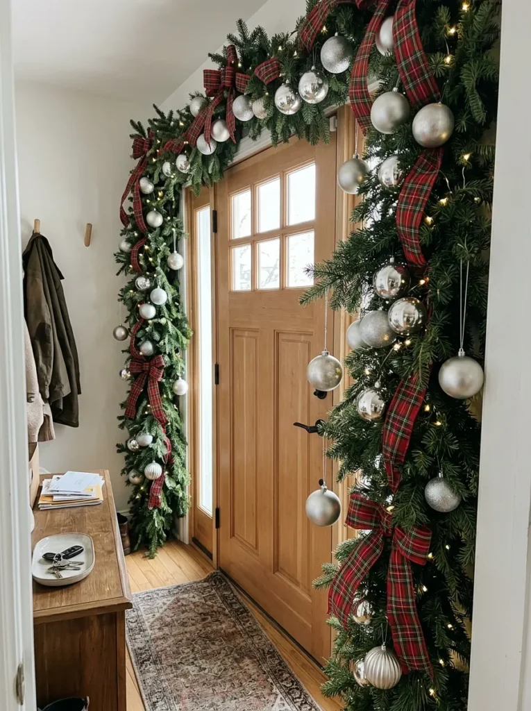 Tartan Plaid Doorway Decor - silver christmas balls (Artisanal tartan plaid doorway decor arranged as elegant silver christmas balls with festive textures and warm ambient lighting)