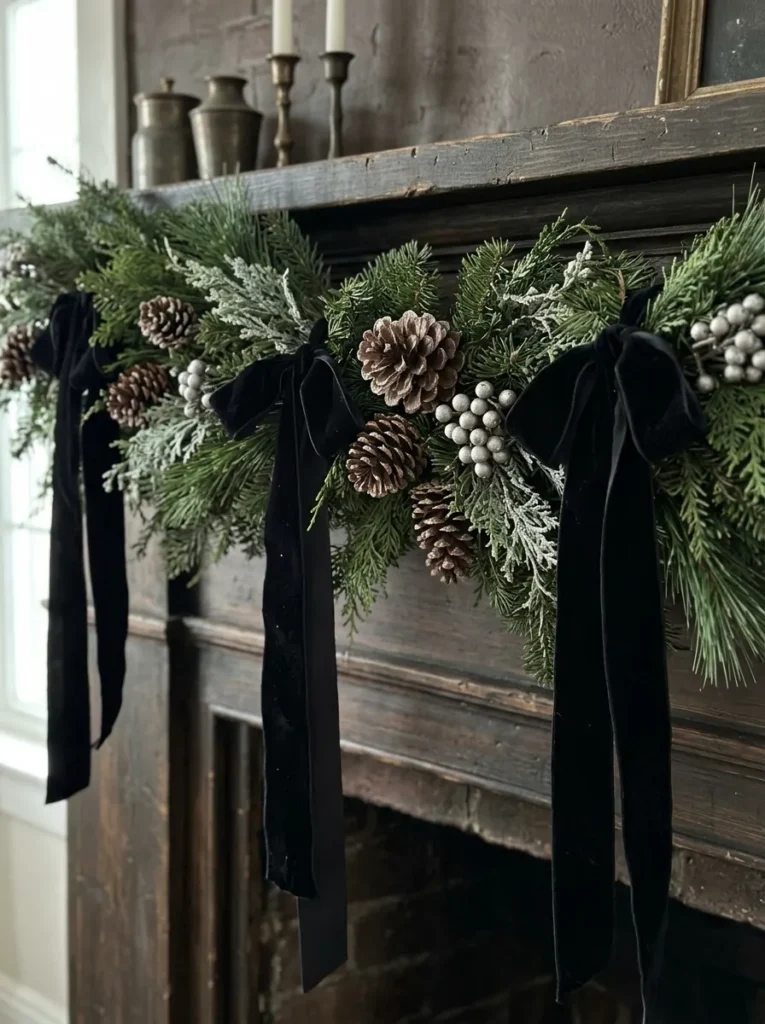 Velvet Ribbon Cascading Pinecone Swags - halloween christmas decorations (Frosted sugar pinecone clusters tied with flowing midnight purple velvet ribbons)