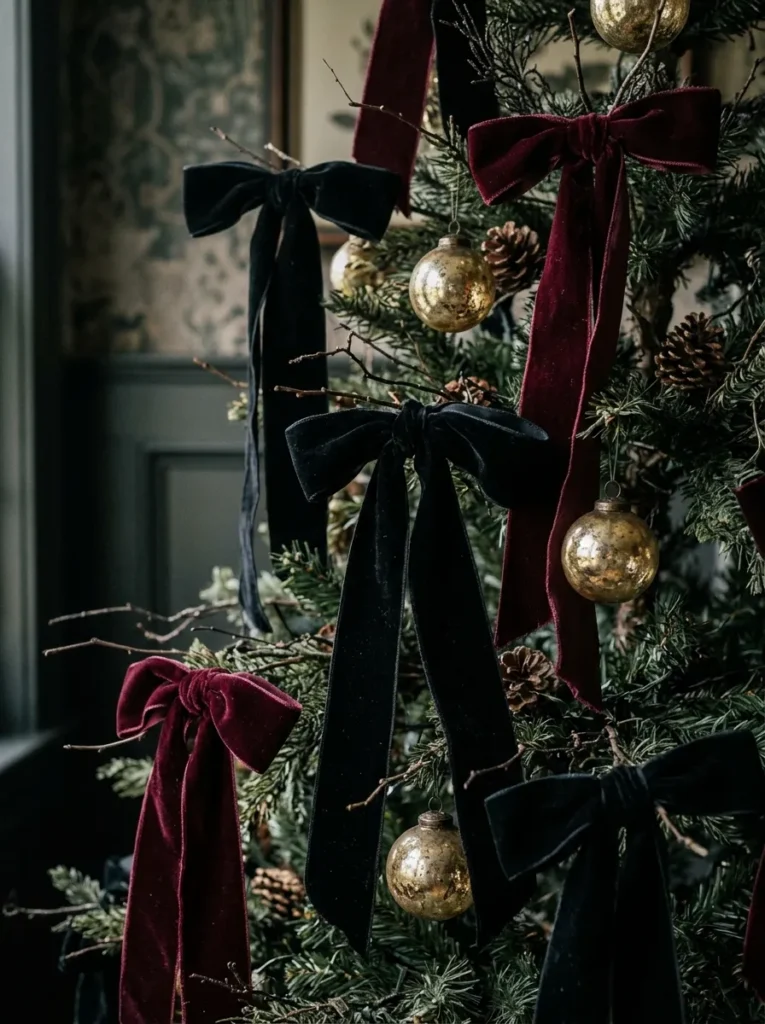 Velvet Ribbon Cascading Spooky Bows - halloween ornament (Lush crushed velvet ribbon bows in midnight purple and burnt orange cascading through dark tree boughs)