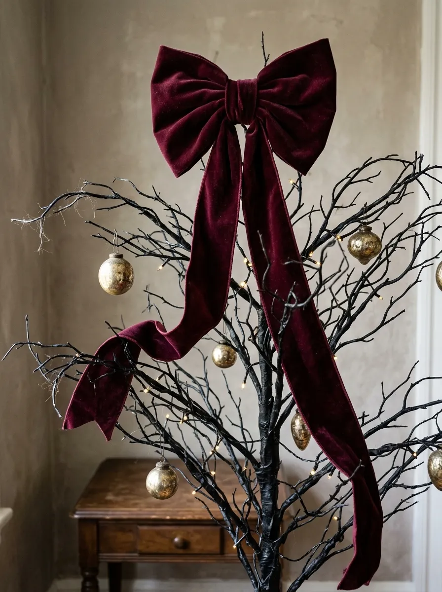 Velvet Ribbon Cascading Tree Topper Bow - halloween spooky tree (Oversized black and copper velvet ribbon bow with long trailing streamers draped to floor)