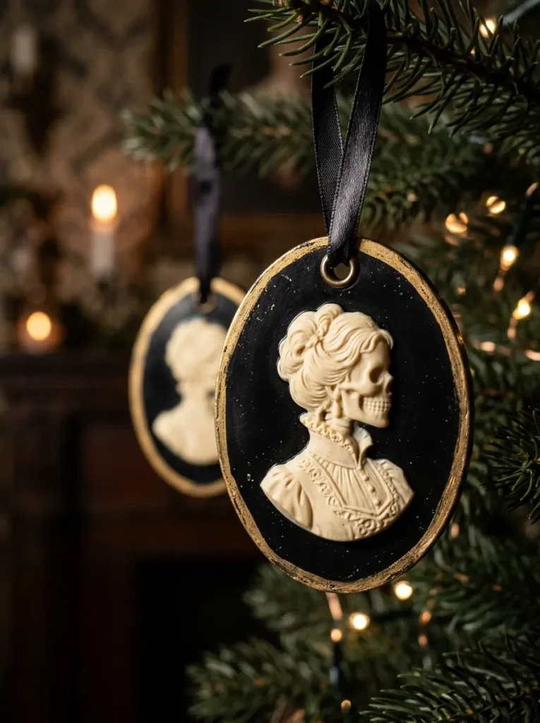 Victorian Cameo Silhouette Resin Discs - halloween ornaments for tree (Black and ivory resin Victorian portrait cameo medallions with grosgrain loops)