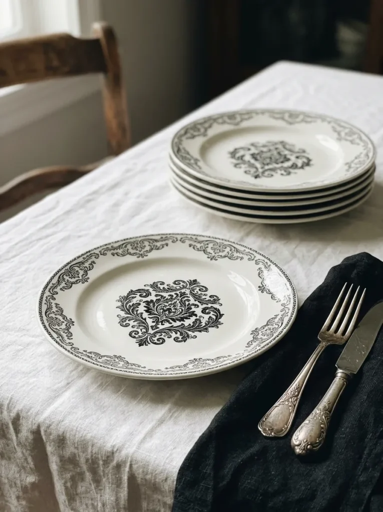 Victorian Damask Black and White Plates