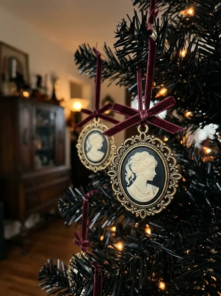 Victorian Silhouette Cameo Medallions - halloween ornament (Black resin silhouette cameo portraits mounted on miniature white porcelain discs in ornate frames)