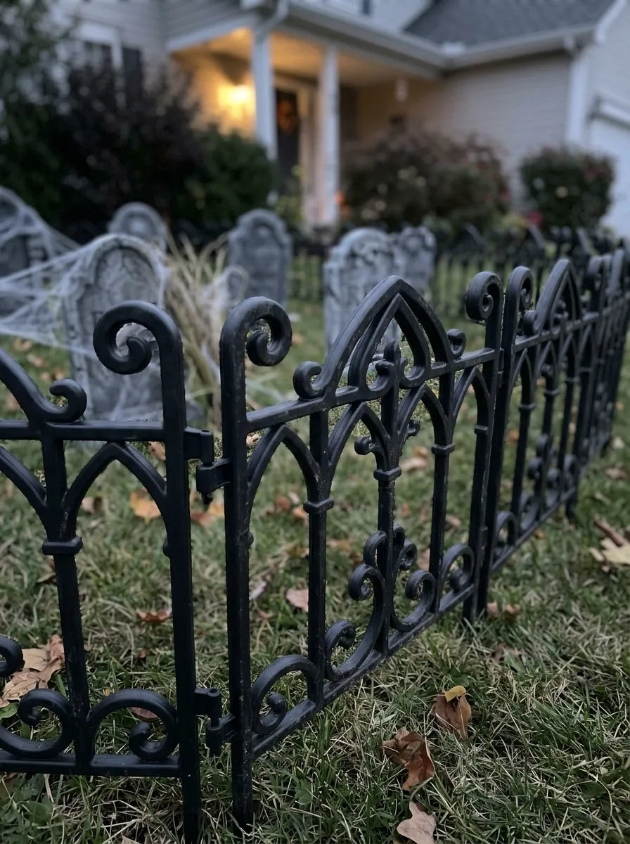 Victorian Wrought-Iron PVC Perimeter Fence - graveyard halloween decorations (Antique cemetery fence panels made of black PVC pipe and spear finials with rust weathering)