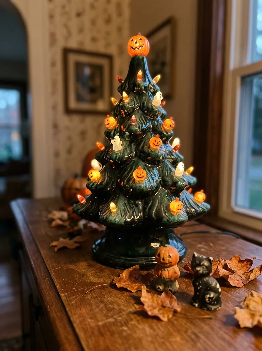 Vintage Glazed Ceramic Light-Up Spooky Tree - halloween spooky tree (Nostalgic black glazed ceramic tabletop tree with colorful illuminated translucent plastic pins)