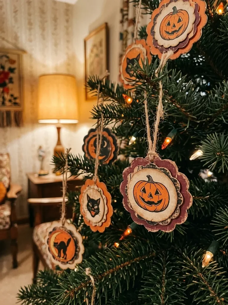 Vintage Halloween Paper Die-Cut Medallions - halloween ornaments for tree (Retro 1930s-style die-cut cardboard medallions depicting classic black cats and moons)