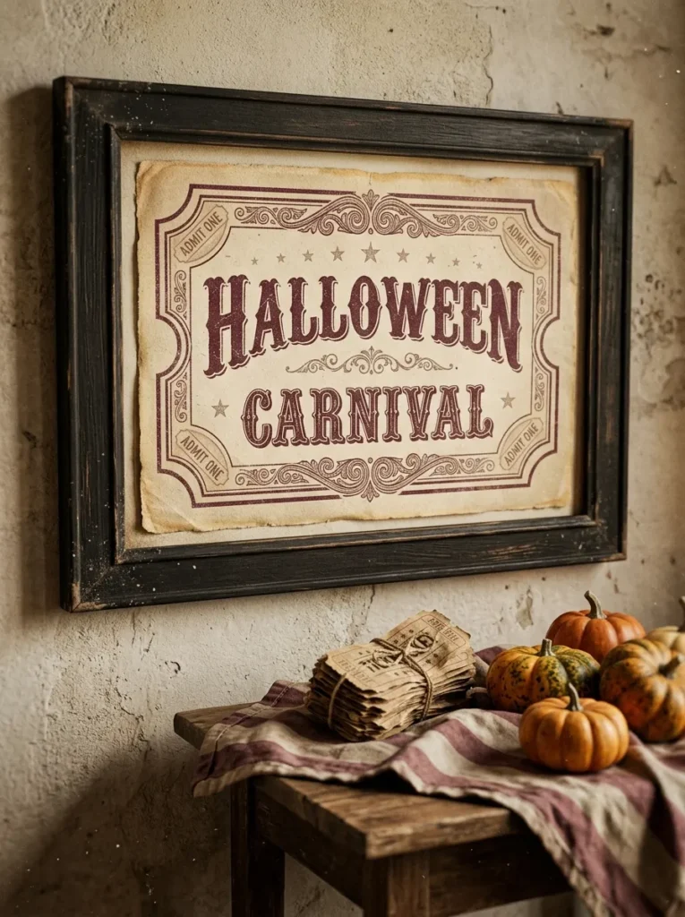 Vintage Lithograph Carnival Ticket Sign - halloween signs (Framed reproduction of vintage 1930s Halloween carnival admission ticket on wooden easel in foyer)