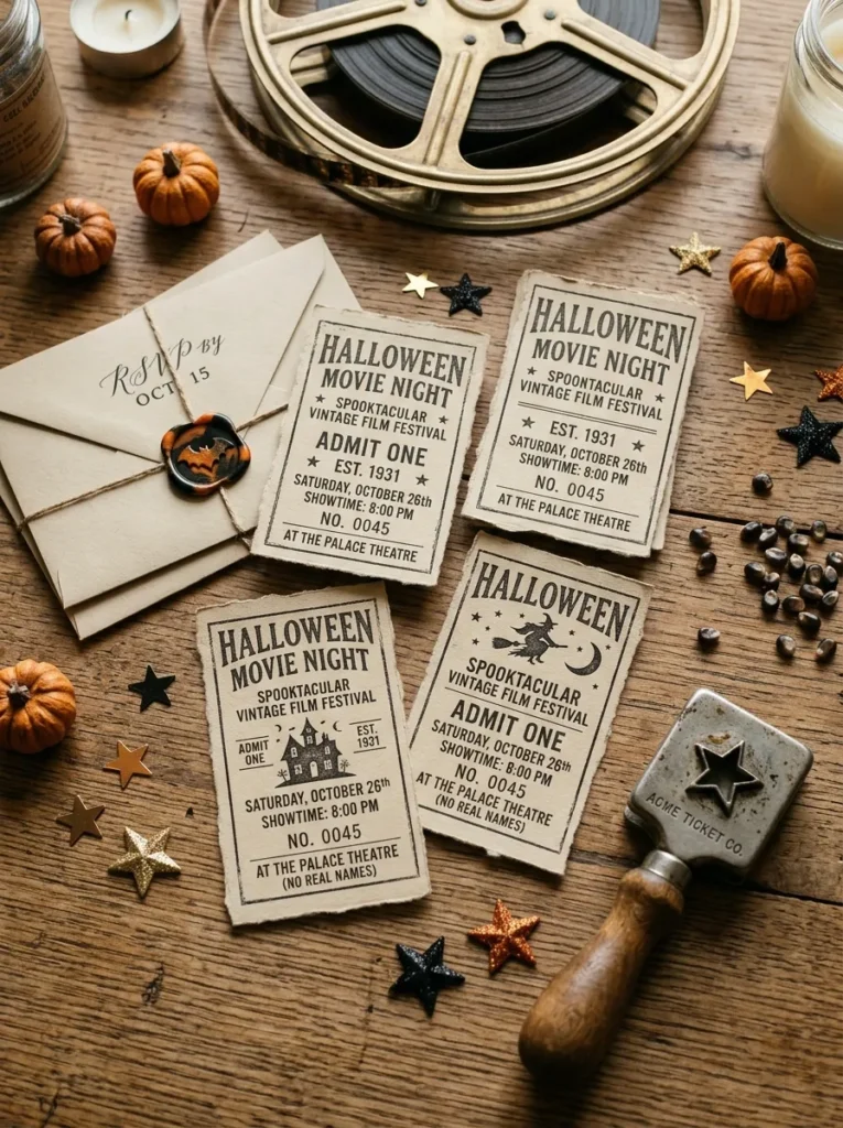 Vintage Spooky Movie Ticket Invitations - halloween movie night ideas