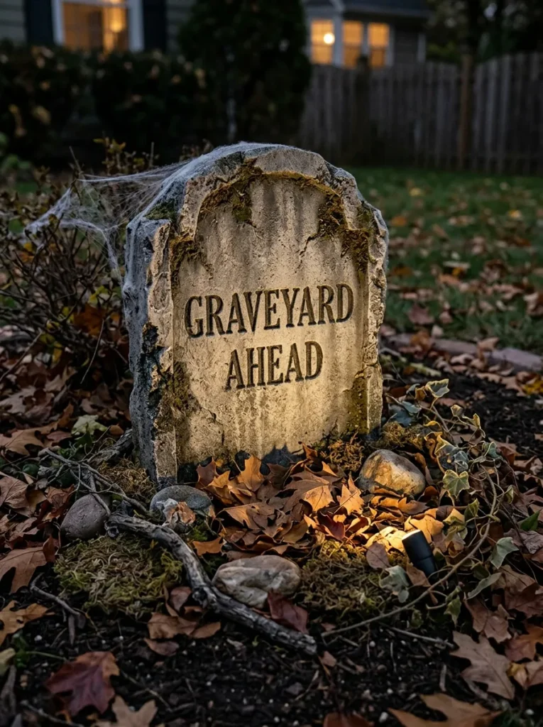 Weathered Graveyard Warning Tombstone Plaques - halloween signs (Faux stone carved graveyard warning signs staked along garden lawn border with humorous epitaphs)