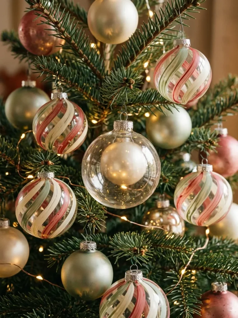 Whimsical Candy Striped Glass Orbs - light up christmas balls (Hand-painted red and white peppermint swirl ornaments complementing light up christmas balls)