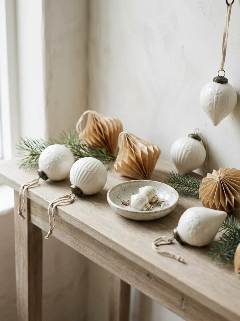 White Porcelain Parchment Decor - dated christmas ornaments (Artisanal white porcelain parchment decor arranged as elegant dated christmas ornaments with festive textures and warm ambient lighting)