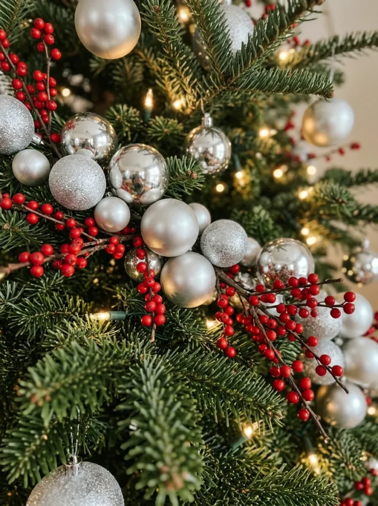 Winterberry Crimson Tree Clusters - silver christmas balls (Artisanal winterberry crimson tree clusters arranged as elegant silver christmas balls with festive textures and warm ambient lighting)