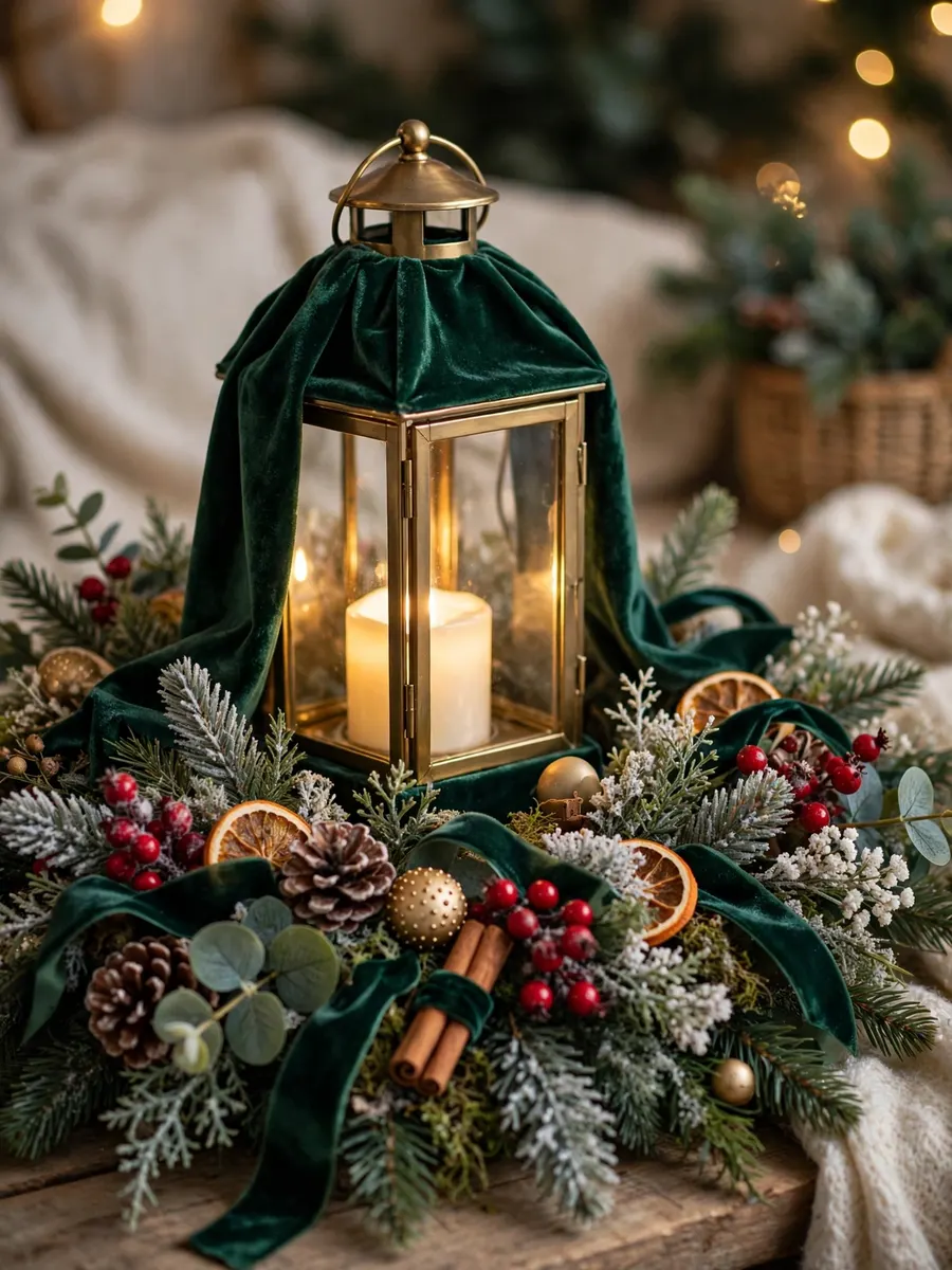 Emerald Velvet Lantern Highlights idea for Christmas Artificial Flowers