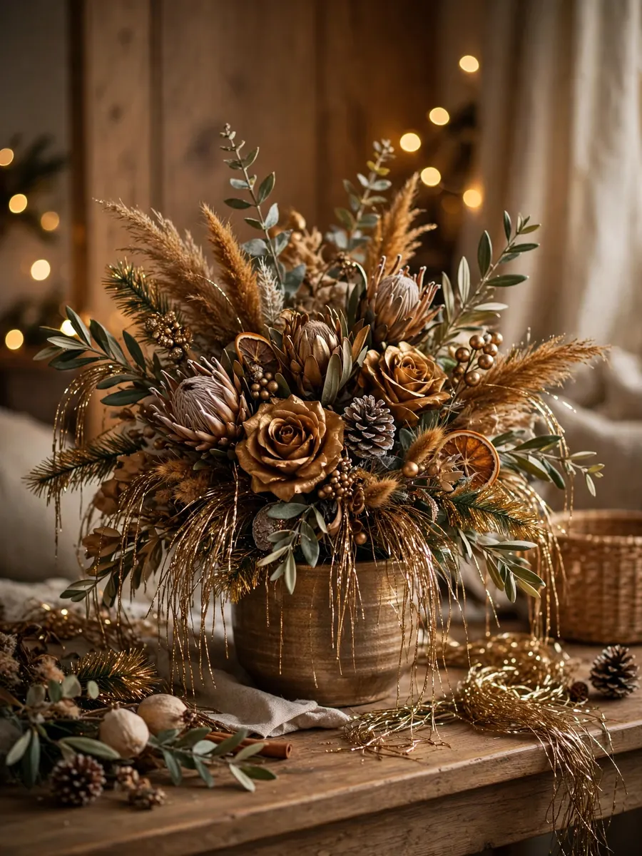 Golden Bronze Tinsel Displays idea for Christmas Artificial Flowers