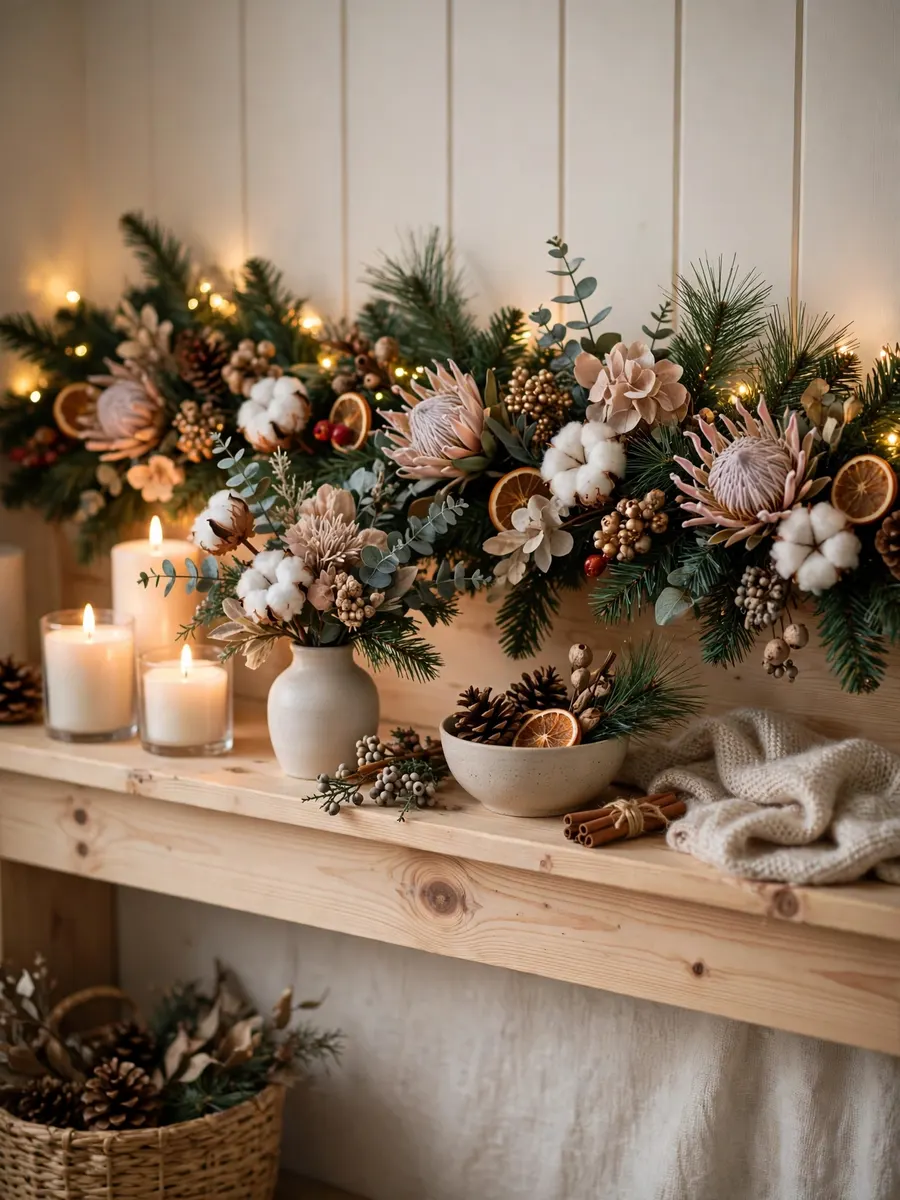 Nordic Pine Mantel Styling idea for Christmas Artificial Flowers