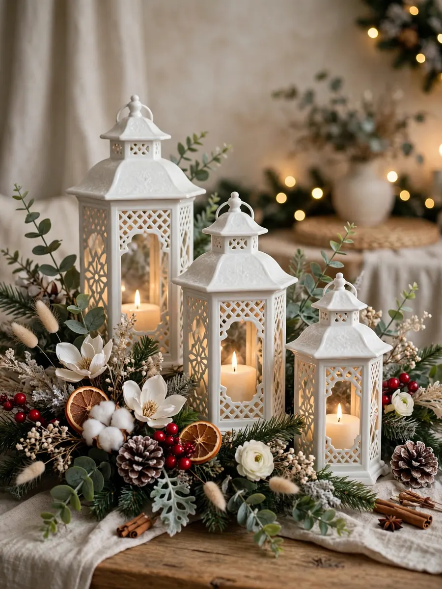 White Porcelain Lanterns Decor idea for Christmas Artificial Flowers