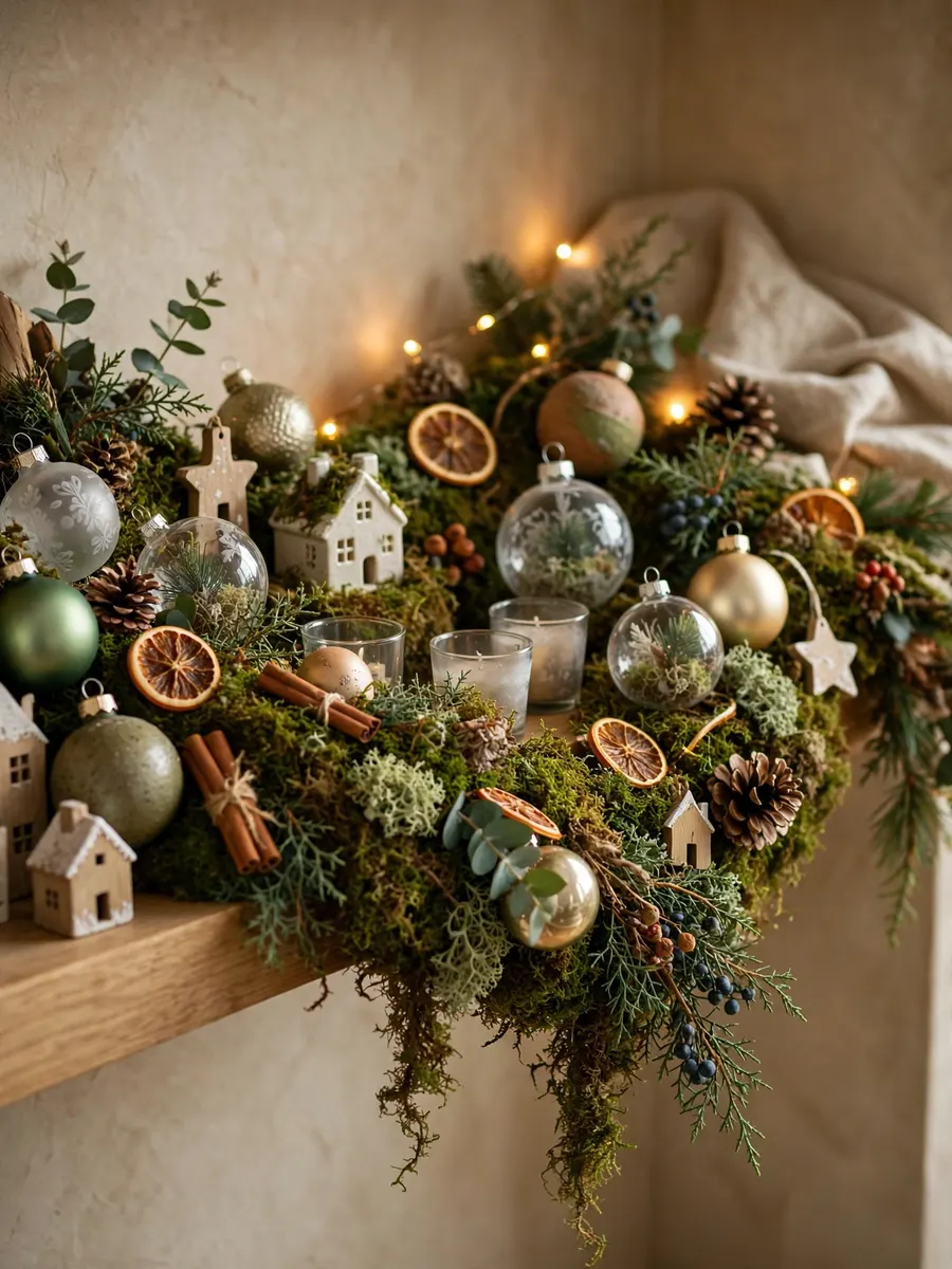 Botanical Moss Garland Highlights idea for Christmas House Ornaments