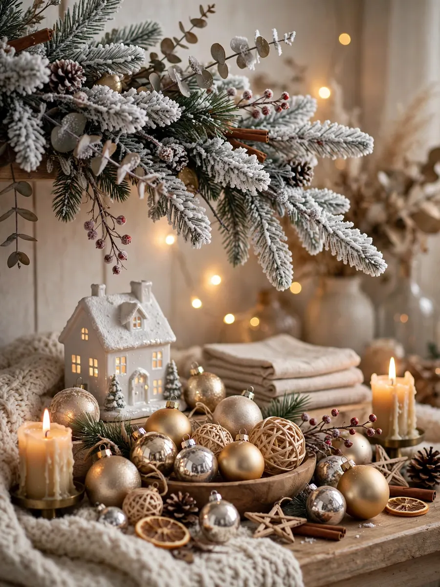 Snowy Flocked Branch Features idea for Christmas House Ornaments