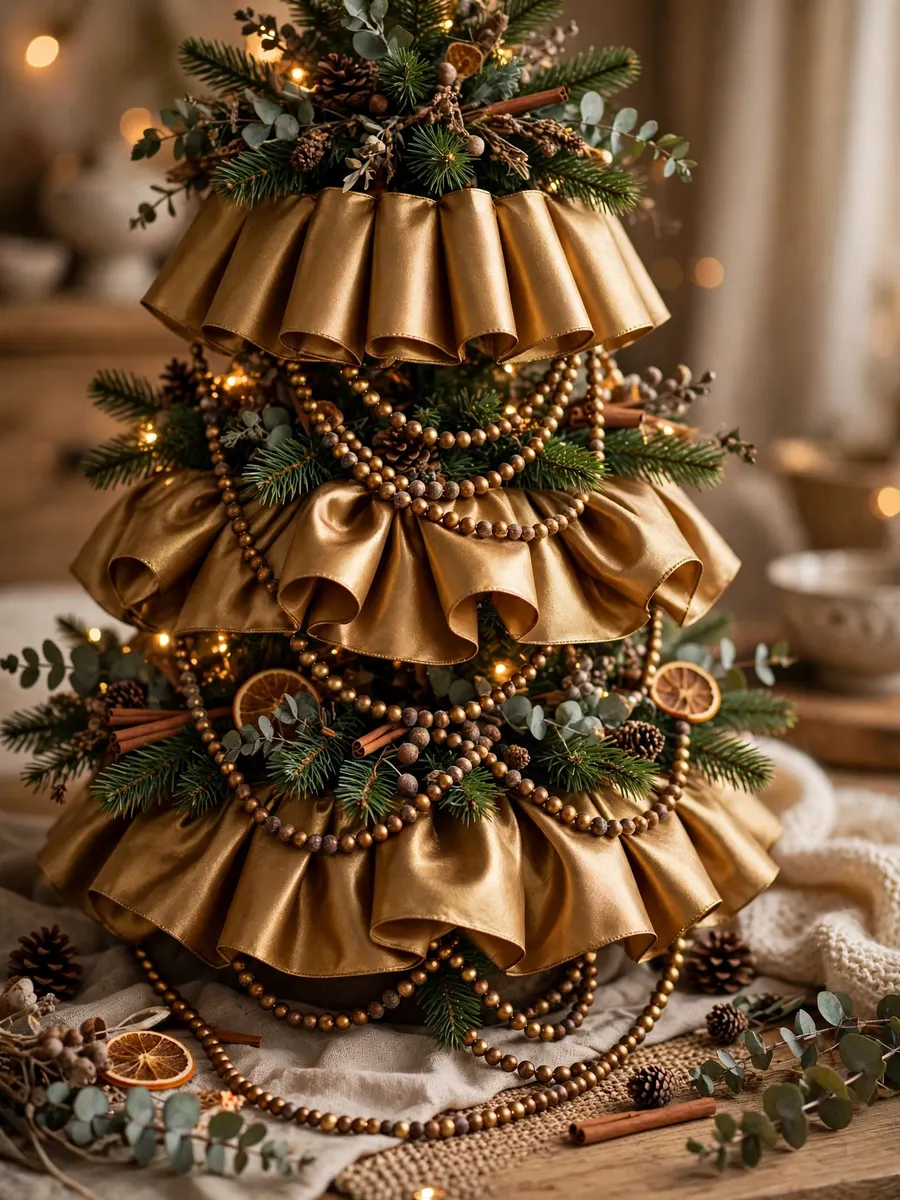 Golden Bronze Ribbon Tiers idea for Christmas Tree Beaded Garland