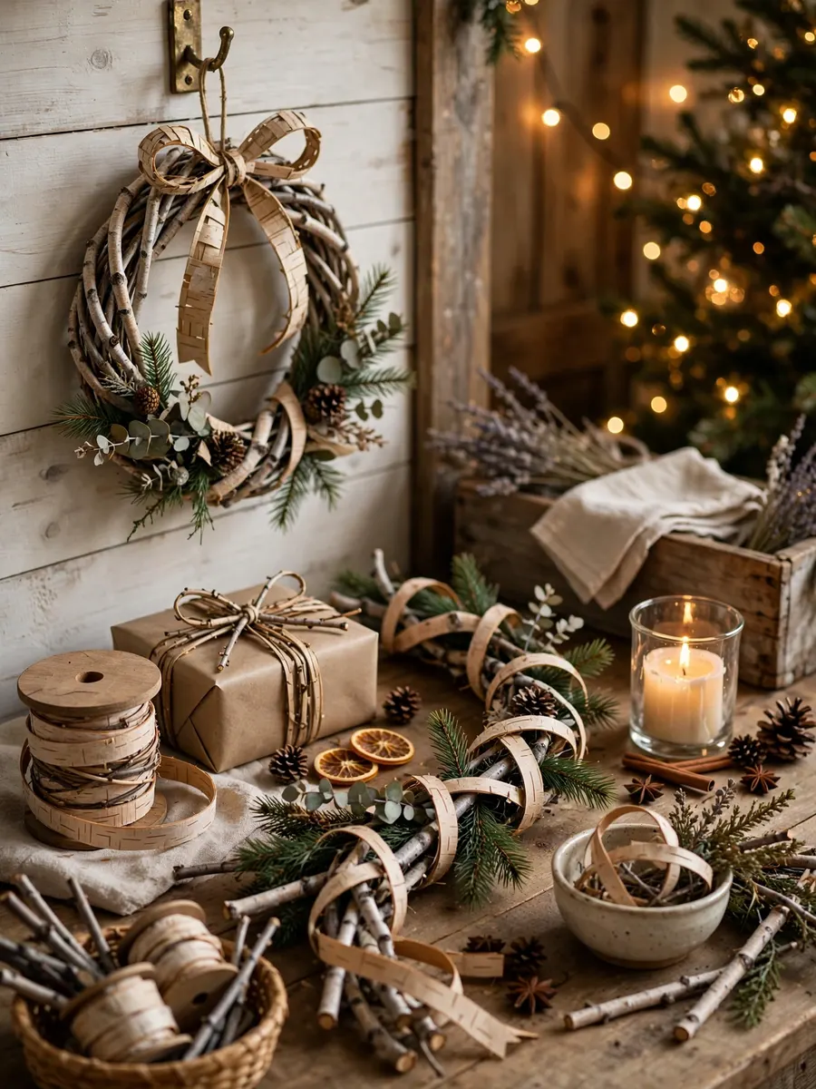 Birch Twig Ribbon Concepts idea for Christmas Tree Farmhouse