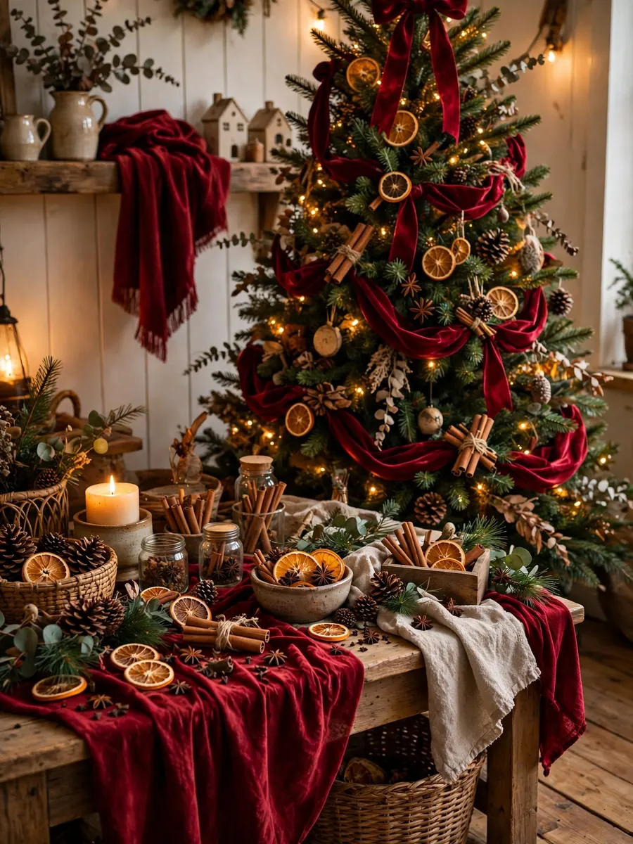 Crimson Velvet Spice Highlights idea for Christmas Tree Farmhouse