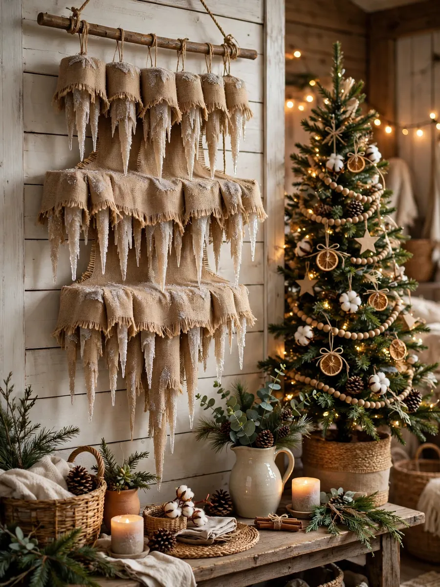 Natural Burlap Icicle Tiers idea for Christmas Tree Farmhouse