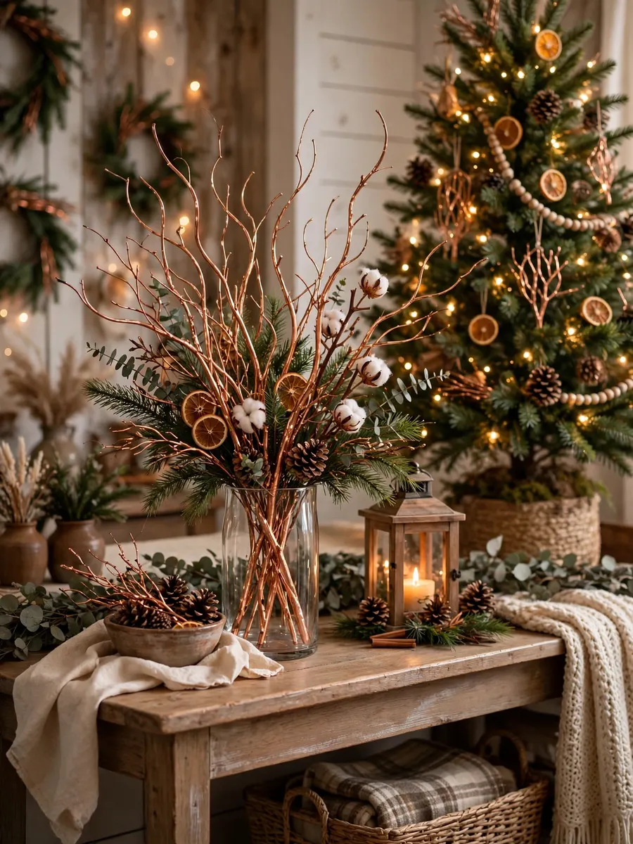 Polished Copper Twig Accents idea for Christmas Tree Farmhouse