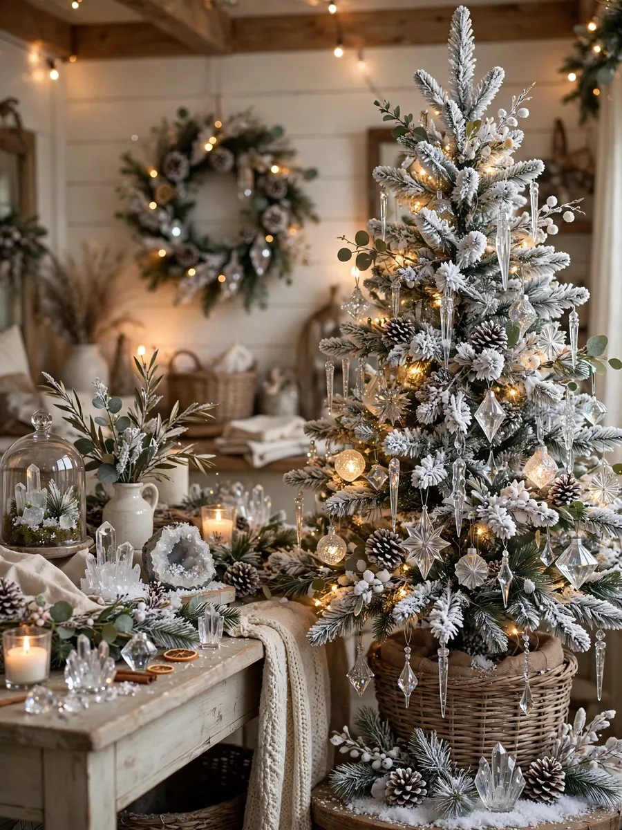 Snowy Flocked Crystal Styling idea for Christmas Tree Farmhouse