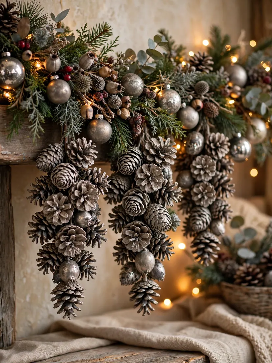 Aged Pewter Pinecones Clusters idea for Christmas Tree Ornament Garland