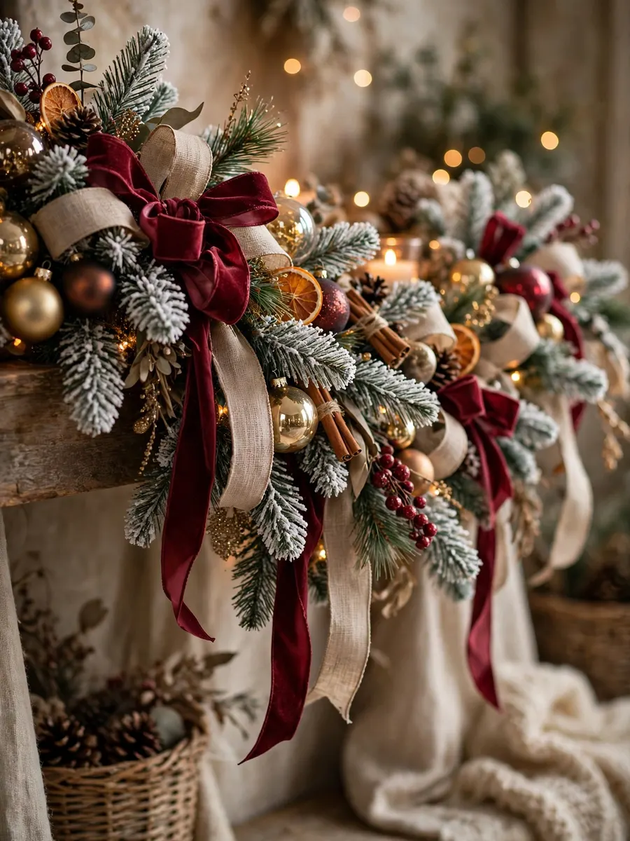 Flocked Needle Ribbon Arrangements idea for Christmas Tree Ornament Garland