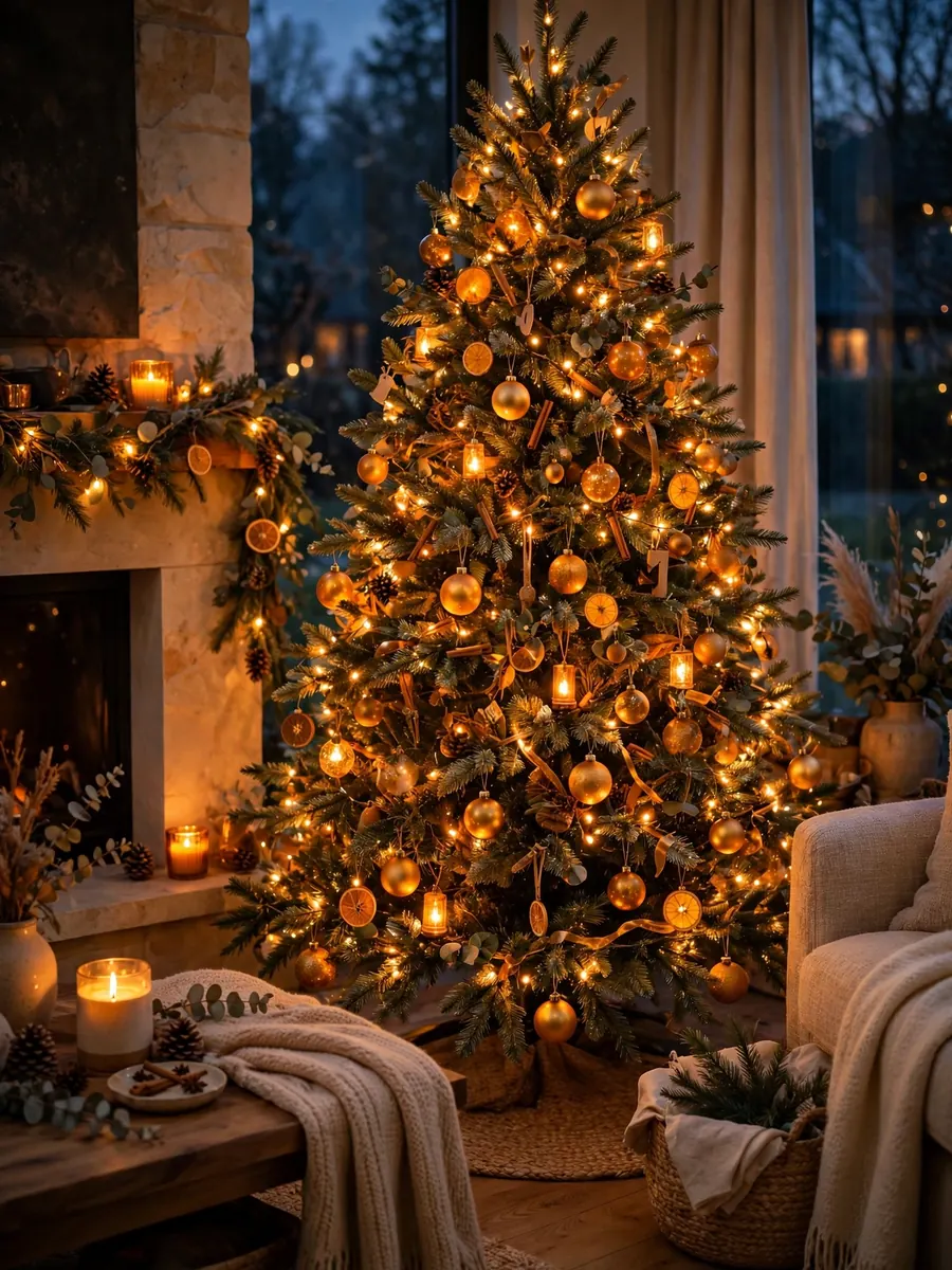 A Christmas tree filled with amber glowing baubles and warm golden light, styled for an evening photoshoot