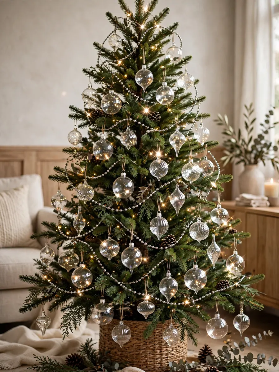A Christmas tree with a beaded wire garland and clear glass ornaments sparkling in photoshoot lighting
