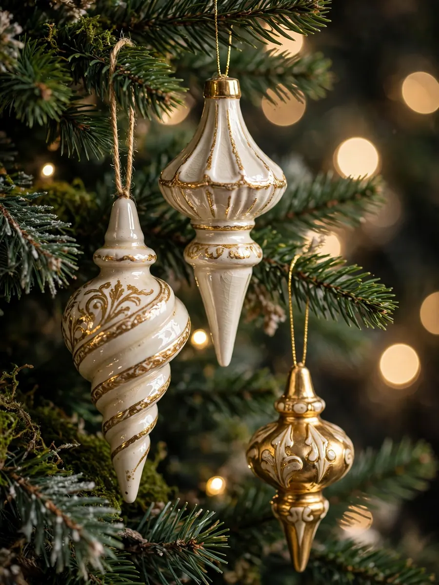 Close-up of glazed ceramic finial ornaments in ivory and gold on a Christmas tree branch