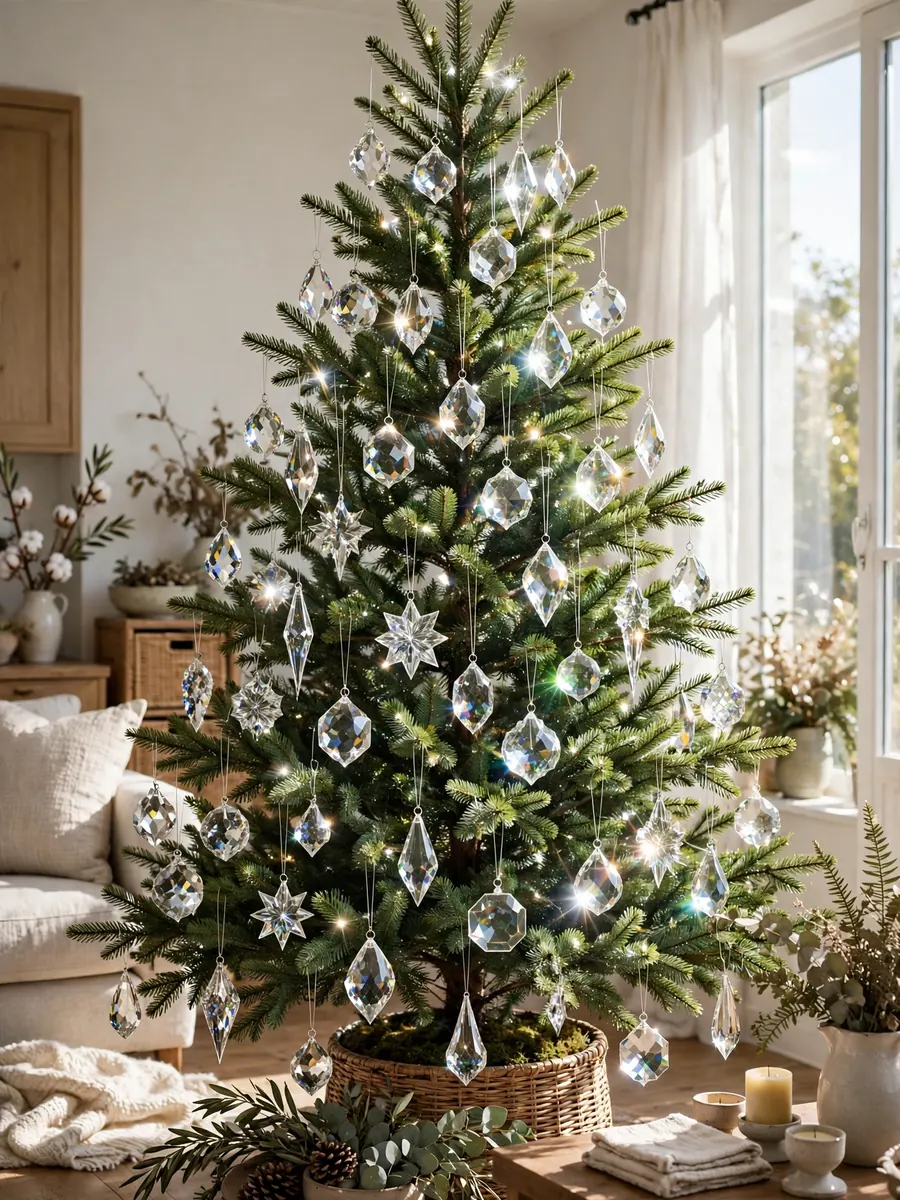 A Christmas tree decorated with faceted crystal ornaments on fine wire hangers, sparkling in bright light