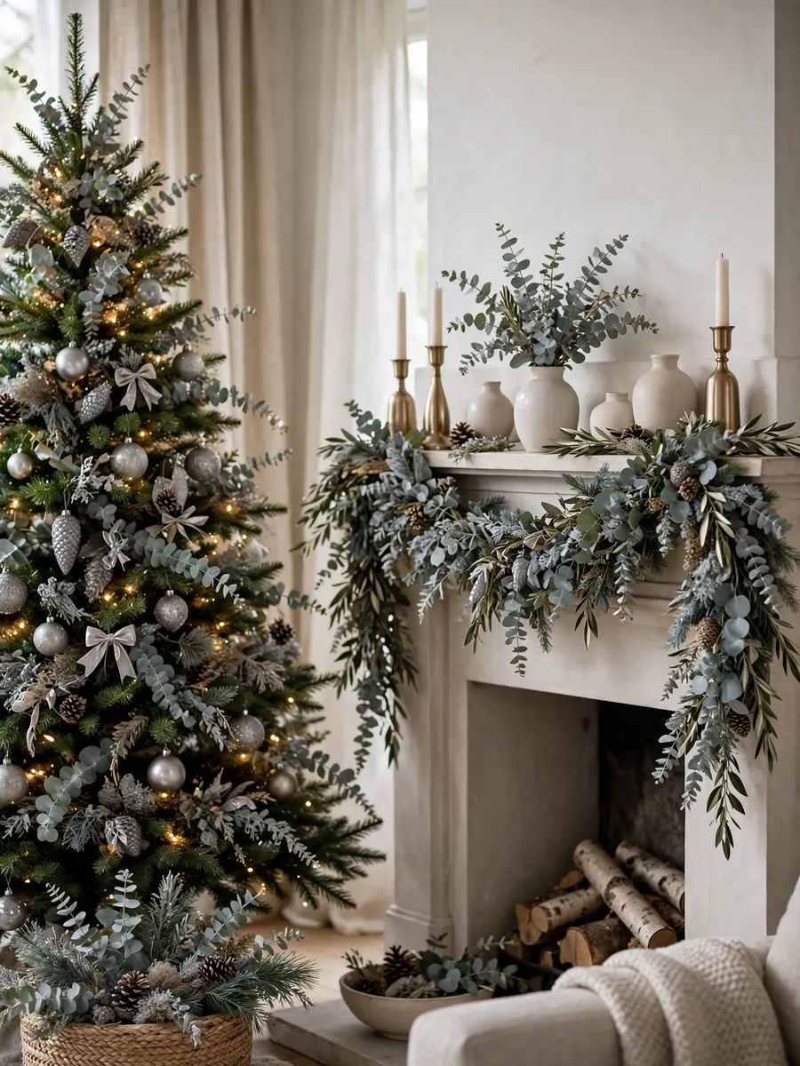 A Christmas tree and mantel decorated with silvery eucalyptus spray swags, styled photoshoot scene with soft light