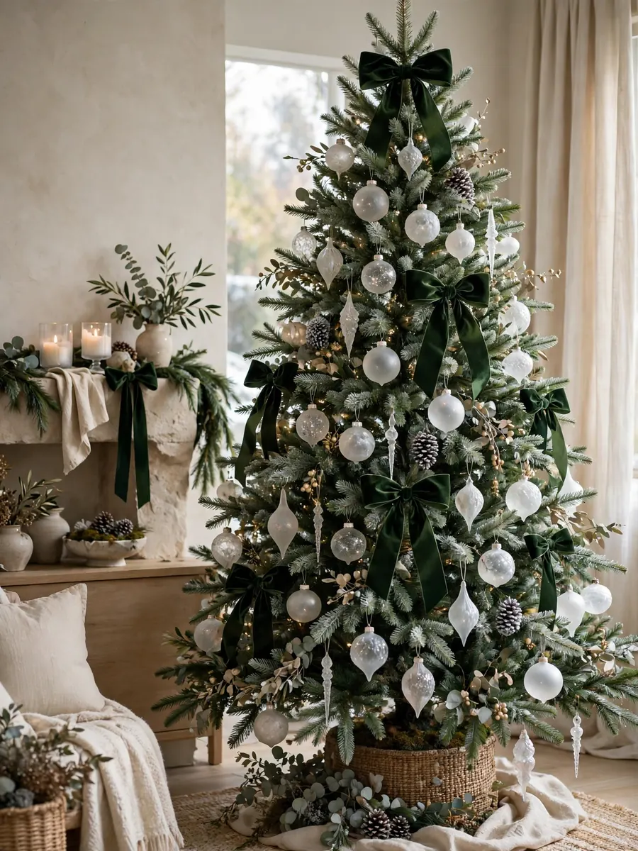 A Christmas tree with frosted glass ornaments and deep green velvet ribbon bows, elegant photoshoot scene