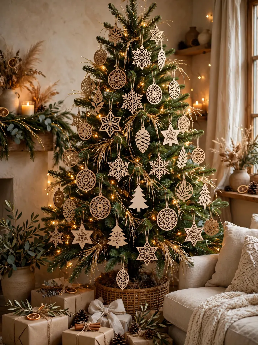 Christmas tree decorated with laser-cut wood ornaments and gold tinsel in warm light