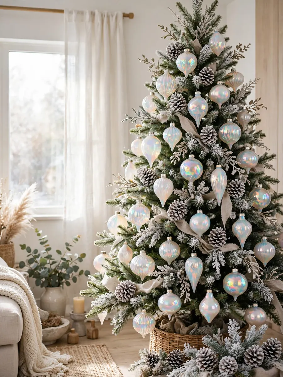 A Christmas tree decorated with opal glass ornaments and frosted pinecones, bright airy photoshoot scene
