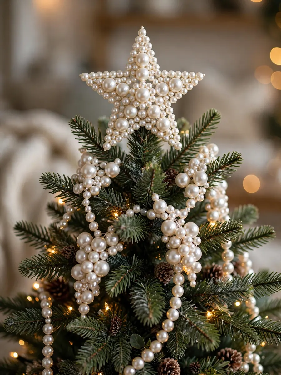 The top of a Christmas tree crowned with lustrous pearl ornament clusters and a pearl star topper, warm twinkling lights