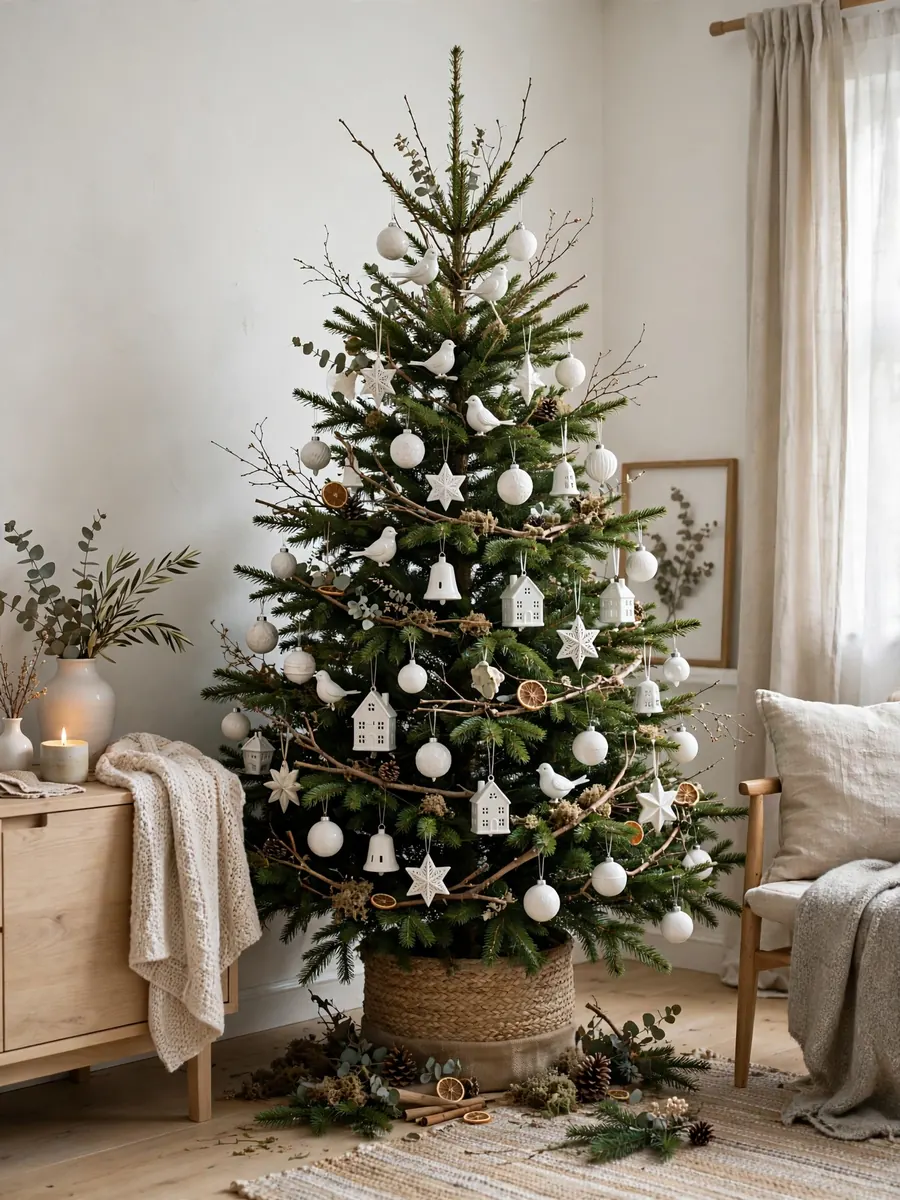 A Christmas tree with white porcelain ornaments and natural twig branch accents, Scandinavian photoshoot style
