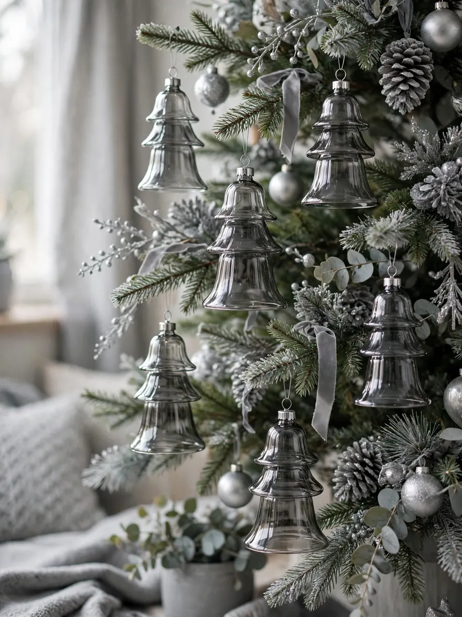 Tiered smoked glass bell ornaments hanging on a Christmas tree with soft grey and silver decor