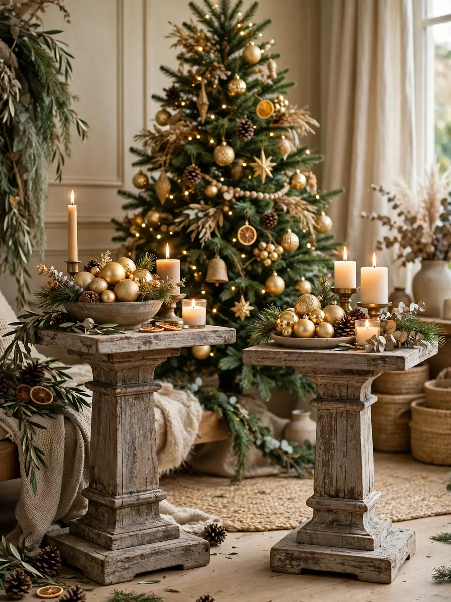 Christmas tree with weathered teak pedestal displays holding gold ornaments and candles