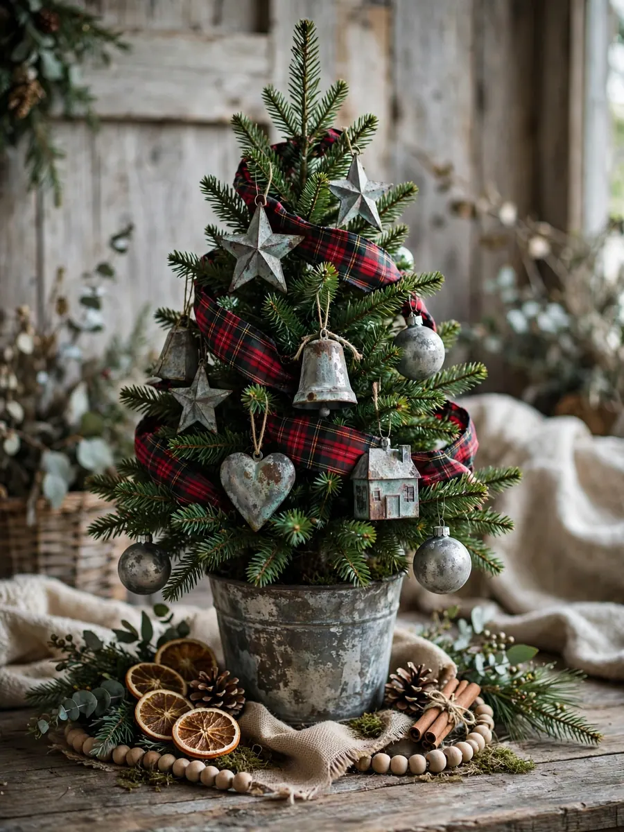 A Christmas tree vignette with distressed zinc ornaments and tartan plaid ribbon, rustic photoshoot styling