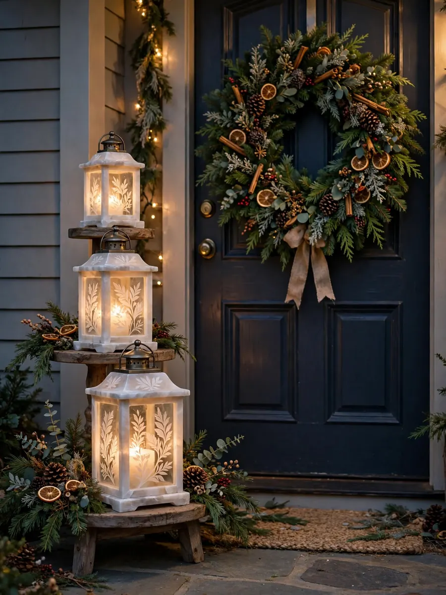 Etched alabaster lanterns in tiers beside a 30 inch Christmas wreath on a porch door