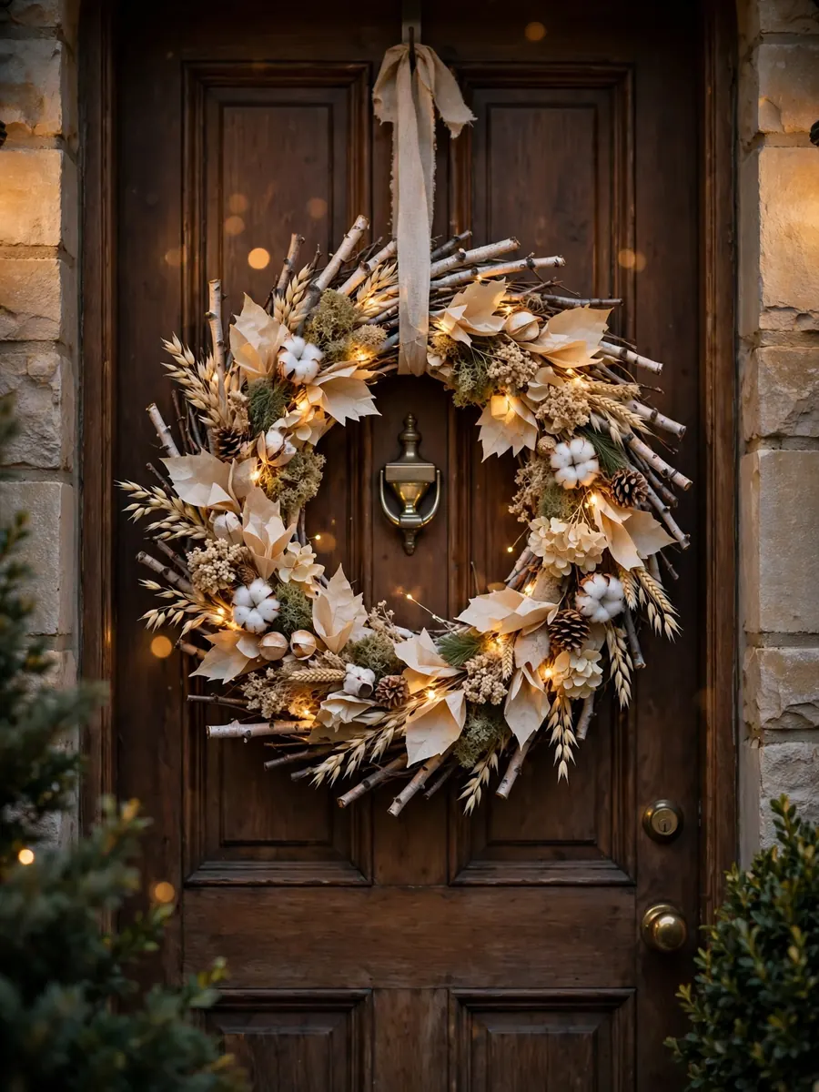 30 inch Christmas wreath with birch twigs and parchment tones hanging on a front door
